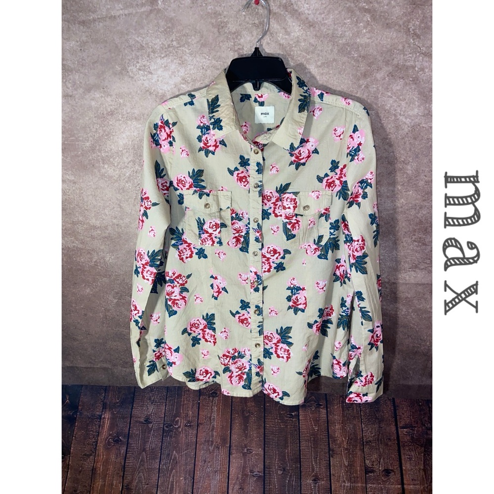 Max 100% cotton LS button down shirt-tan floral-Girls size L/14-EUC!